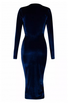 Women Navy Crushed Velvet Ruched Midi Dress with Long Sleeves