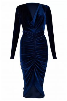 Women Navy Crushed Velvet Ruched Midi Dress with Long Sleeves