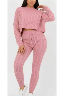 Women Pink Cable Knit Baggy Lounge Wear Tracksuit Set