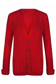 Women Red Chunky Cable Knit Cardigan