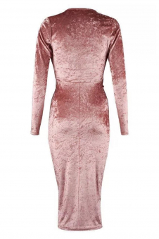 Women Rose Pink Crushed Velvet Ruched Midi Dress with Long Sleeves