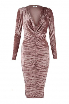 Women Rose Pink Crushed Velvet Ruched Midi Dress with Long Sleeves