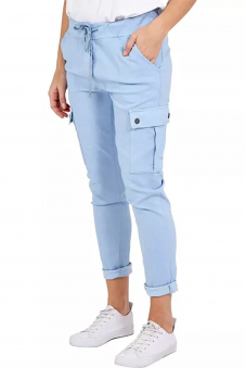 Women Sky Blue Italian Cargo Joggers with Drawstring and Turn-Up