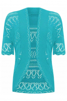 Women Turquoise Open Front Crochet Bolero Shrug Cardigan