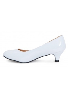 Women Unisex Low Kitten Heel White Patent