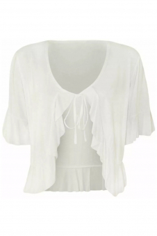 Women White Plus Size Frill Tie Front V-Neck Cardigan Shrug