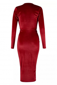 Women Wine Crushed Velvet Ruched Midi Dress with Long Sleeves
