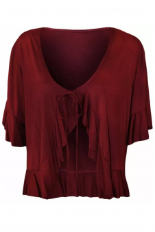Women Wine Plus Size Frill Tie Front V-Neck Cardigan Shrug