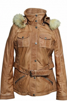 Women's Sheepskin Leather Coat with Removable Hood