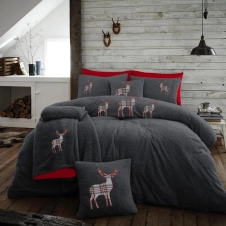 XMAS Stag Embroidered Teddy Charcoal Fleece Soft Duvet Set