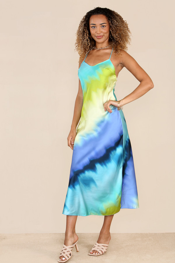 Tie Dye Satin Maxi Dress Turquoise