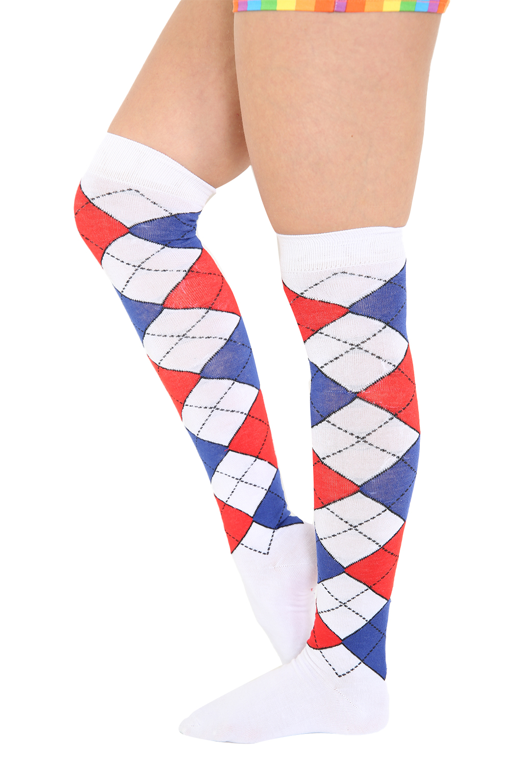 Crazy Chick White Blue And Red Argyle OTK Socks