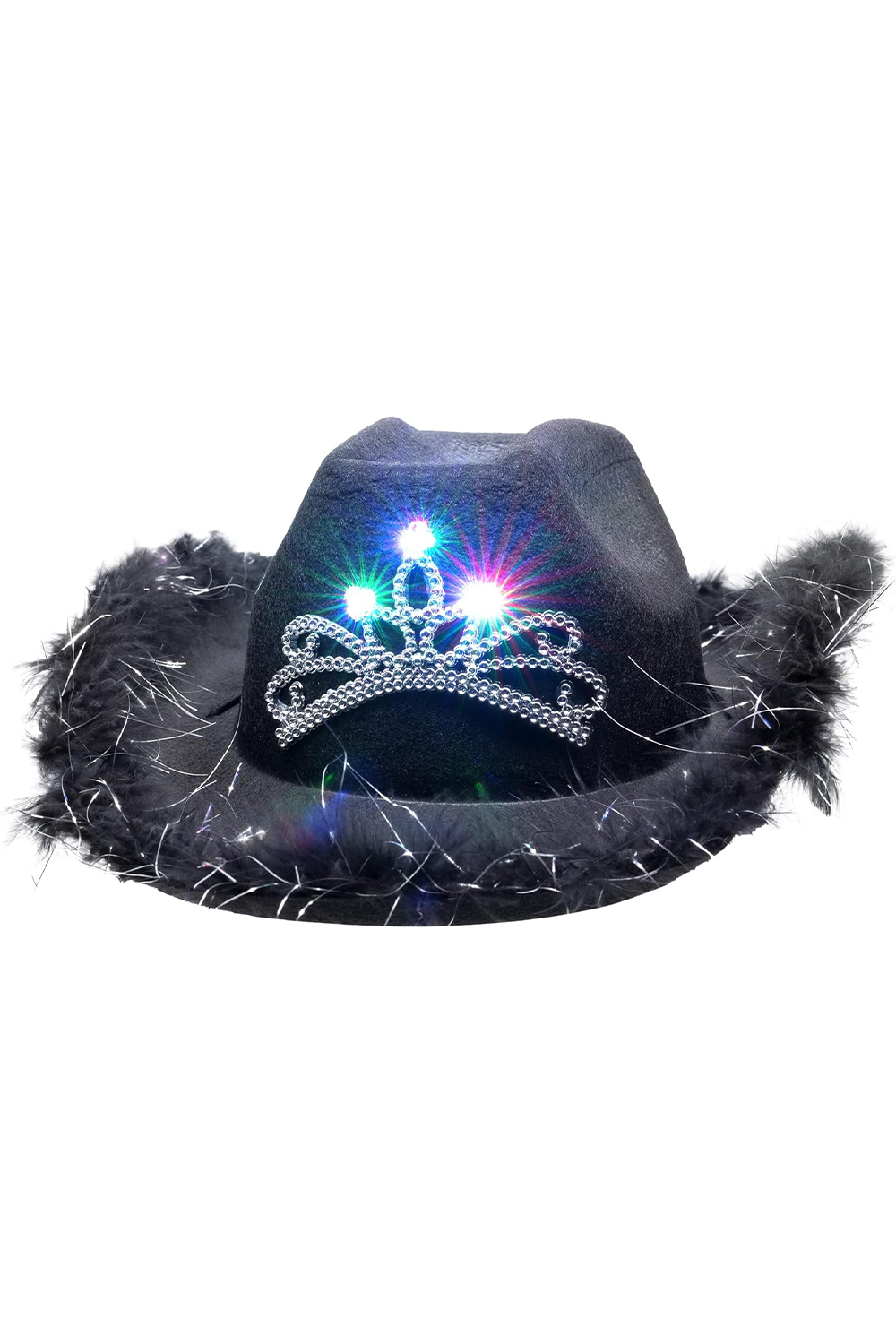 Wickedfun Adult Light Up Tiara Black Cowboy Hat With Fluffy Trim