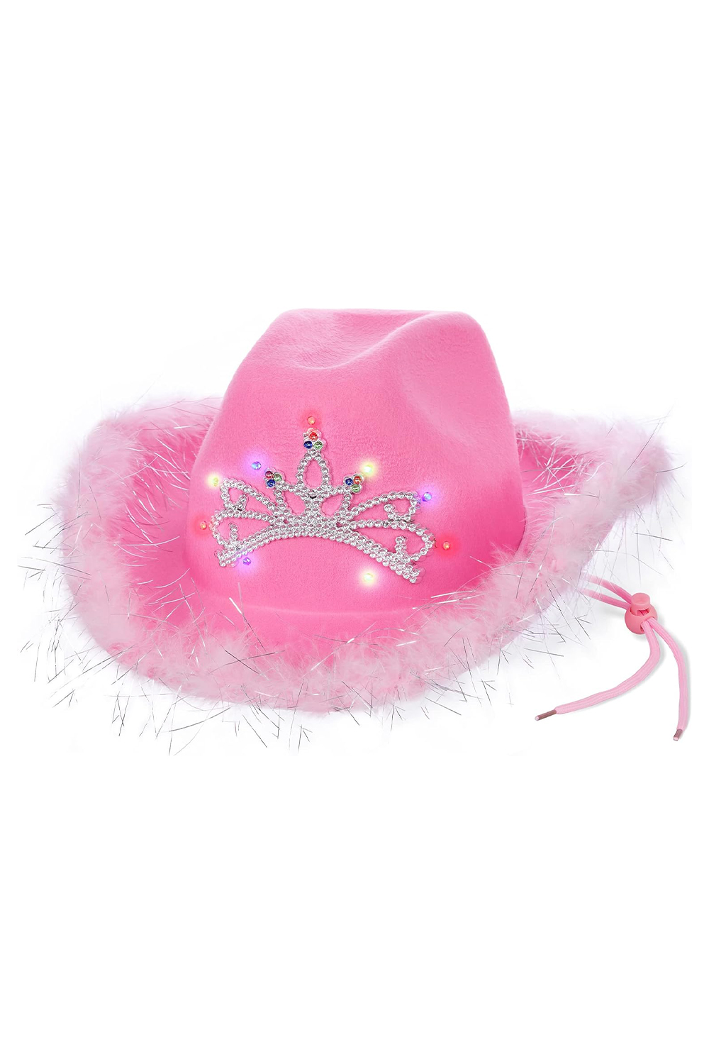 Wickedfun Adult Light Up Tiara Pink Cowboy Hat With Fluffy Trim