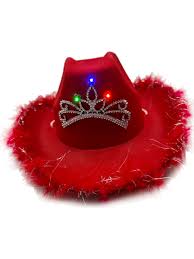 Wickedfun Light Up Tiara Red Cowboy Hat with Fluff Trim
