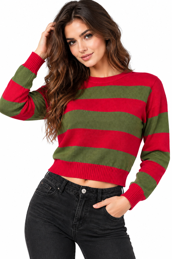 Wickedfun Nightmare demon Ladies Red and Green Stripe Knitted Crop Top Jumper