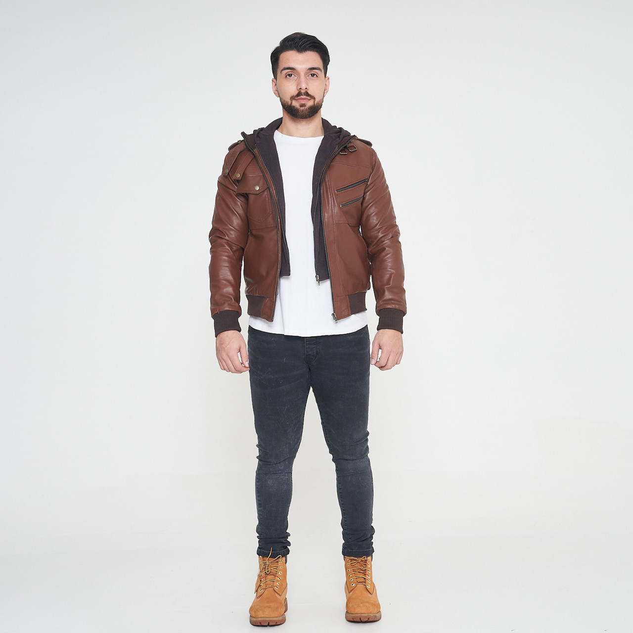 Wing Hooded Brown Bomber Leather Jacket