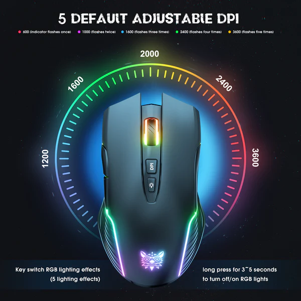 Wireless Black Gaming Mouse Office Mouse Work Mouse 3600 adjustable DPI RGB LED Light