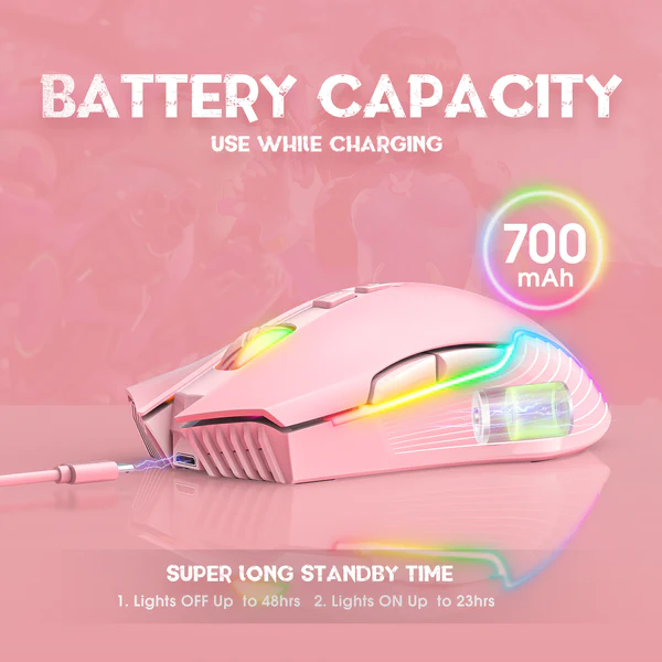 Wireless Pink Gaming Mouse Office Mouse Work Mouse 3600 adjustable DPI RGB LED Light