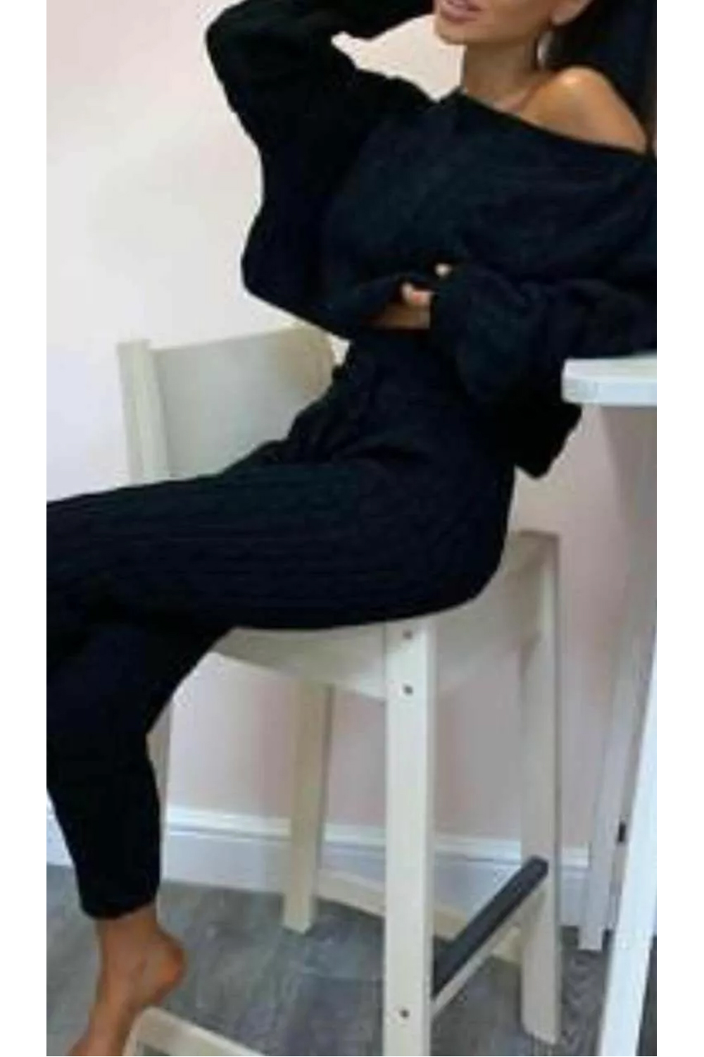 Women Black Cable Knit Baggy Lounge Wear Tracksuit Set