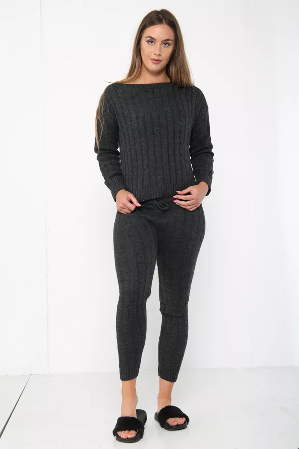 Women Black Cable Knit Lounge Wear 2 Pcs Tracksuit Set