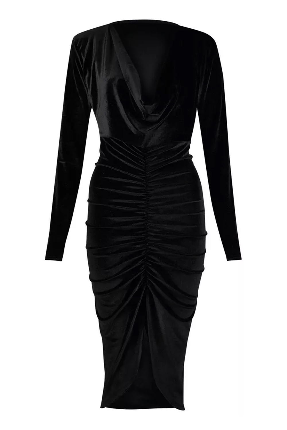 Women Black Crushed Velvet Ruched Midi Dress with Long Sleeves
