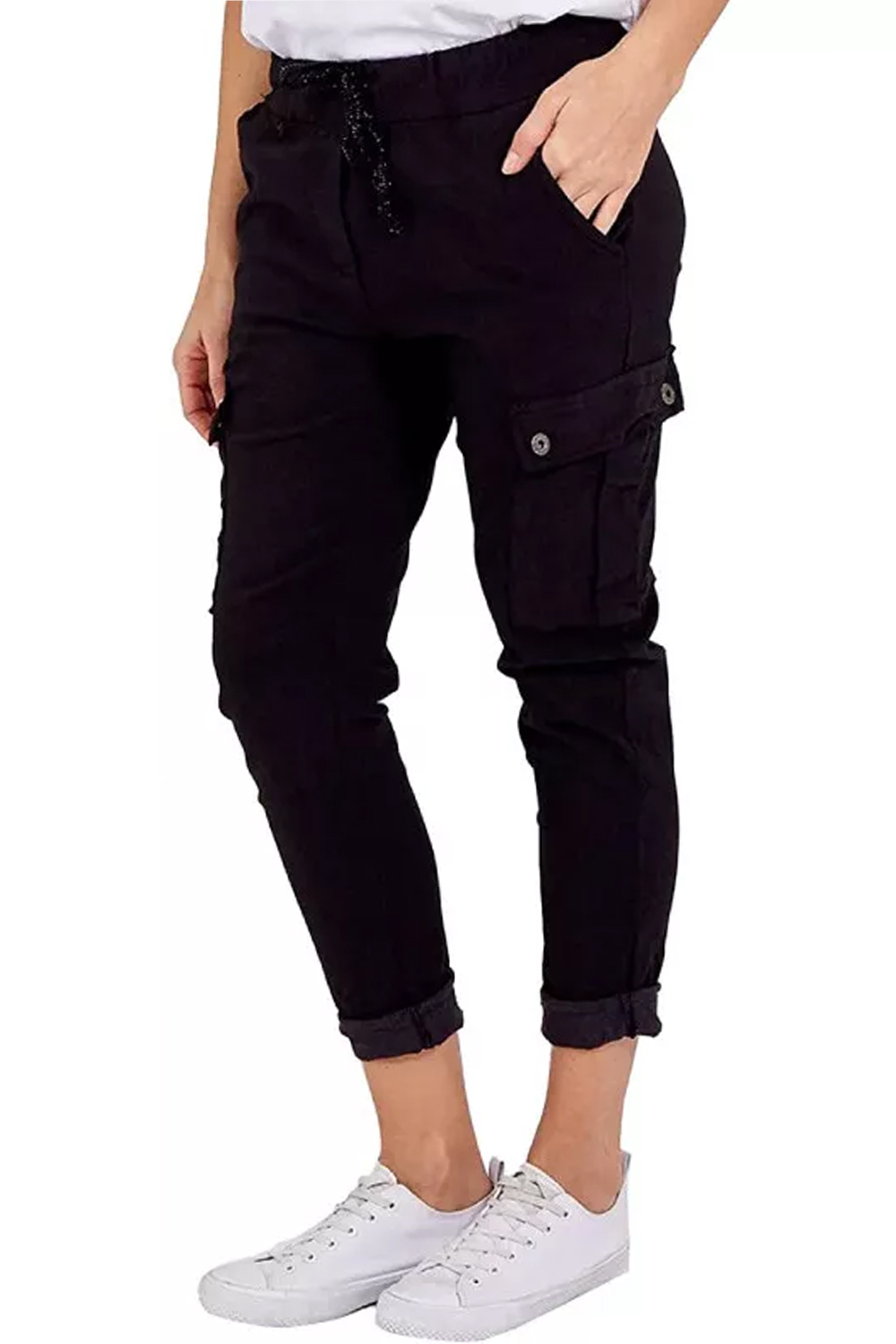 Women Black Italian Cargo Joggers with Drawstring and Turn-Up