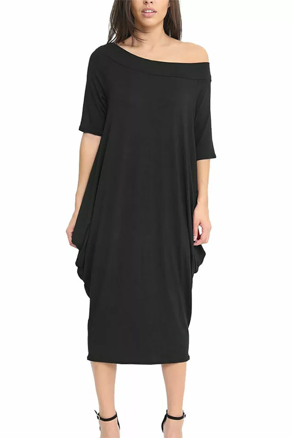 Women Black Off-Shoulder Oversized Parachute Dress