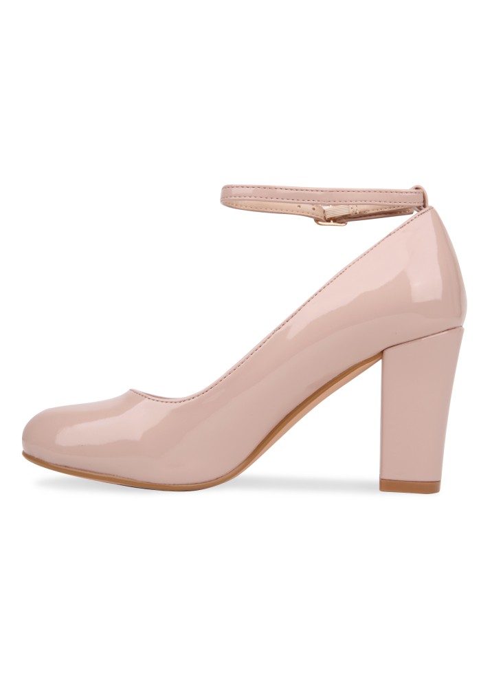 Women Block Heel Ankle Strap Shoes Nude Patent