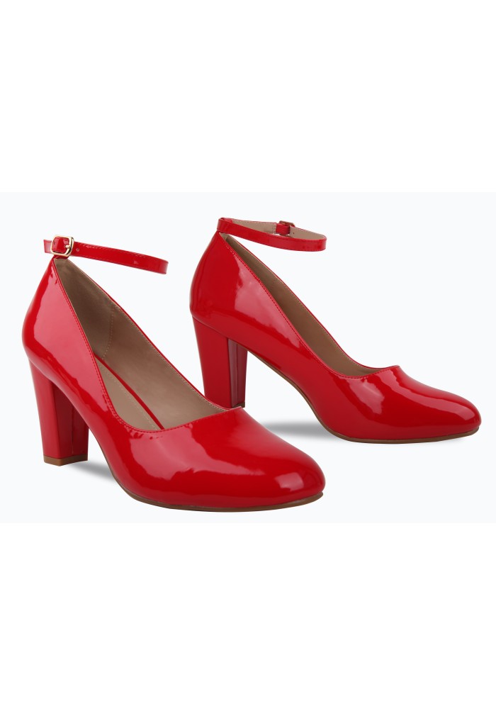 Women Block Heel Ankle Strap Shoes Red Patent Plus Size