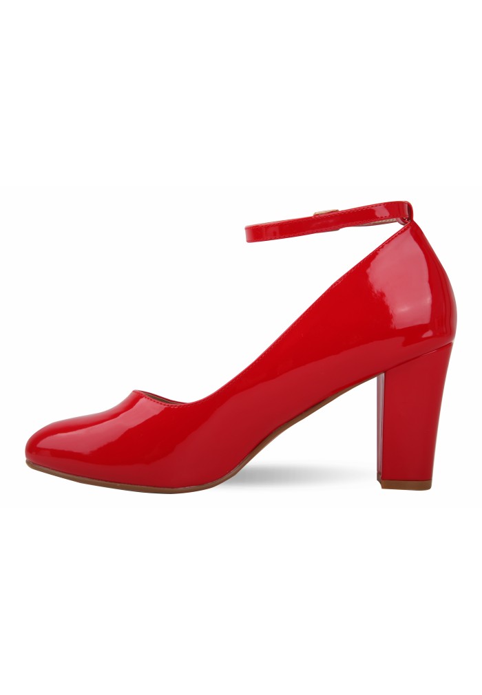 Women Block Heel Ankle Strap Shoes Red Patent