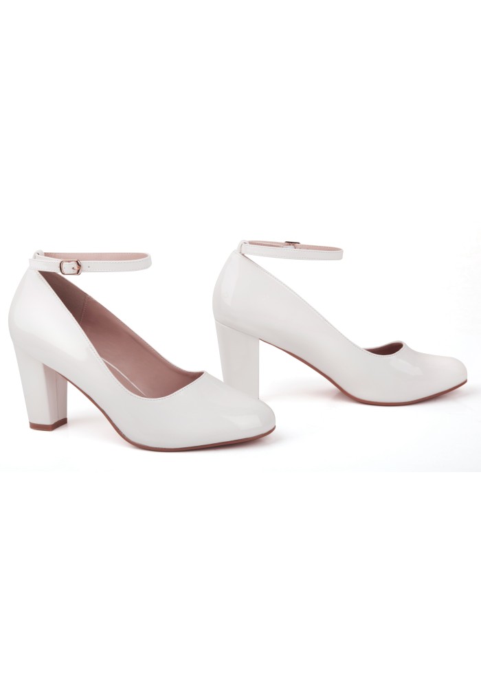 Women Block Heel Ankle Strap Shoes white Patent Plus Size