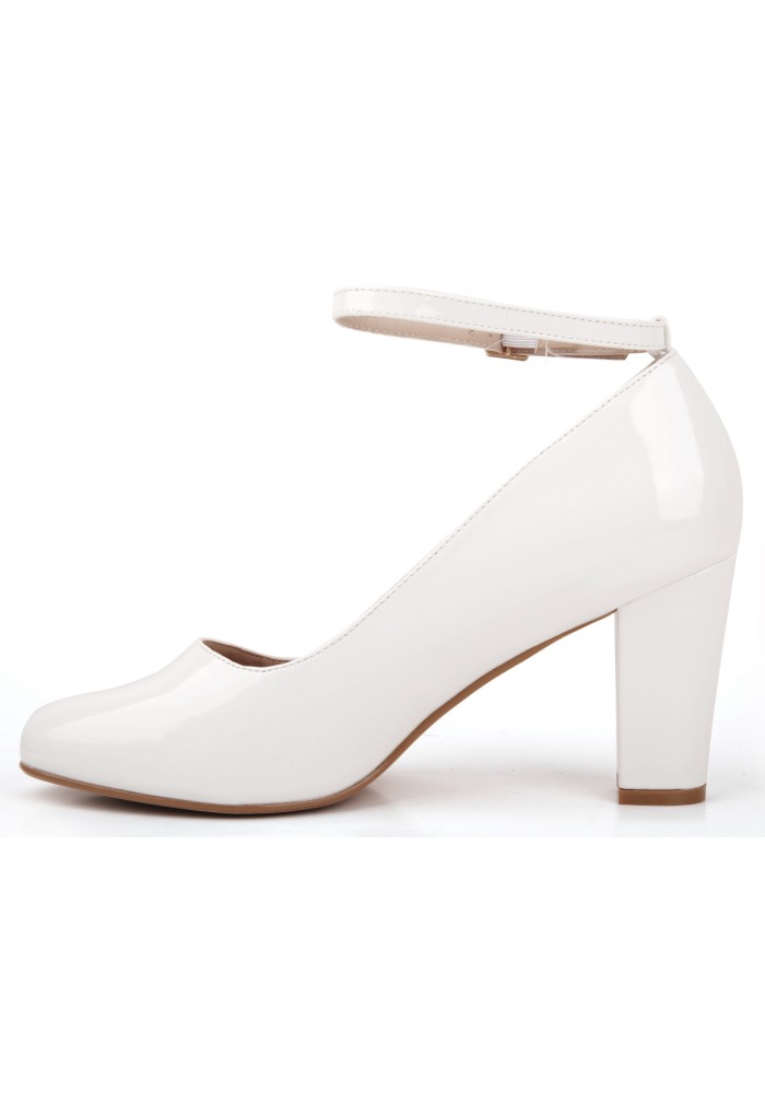 Women Block Heel Ankle Strap Shoes White Patent
