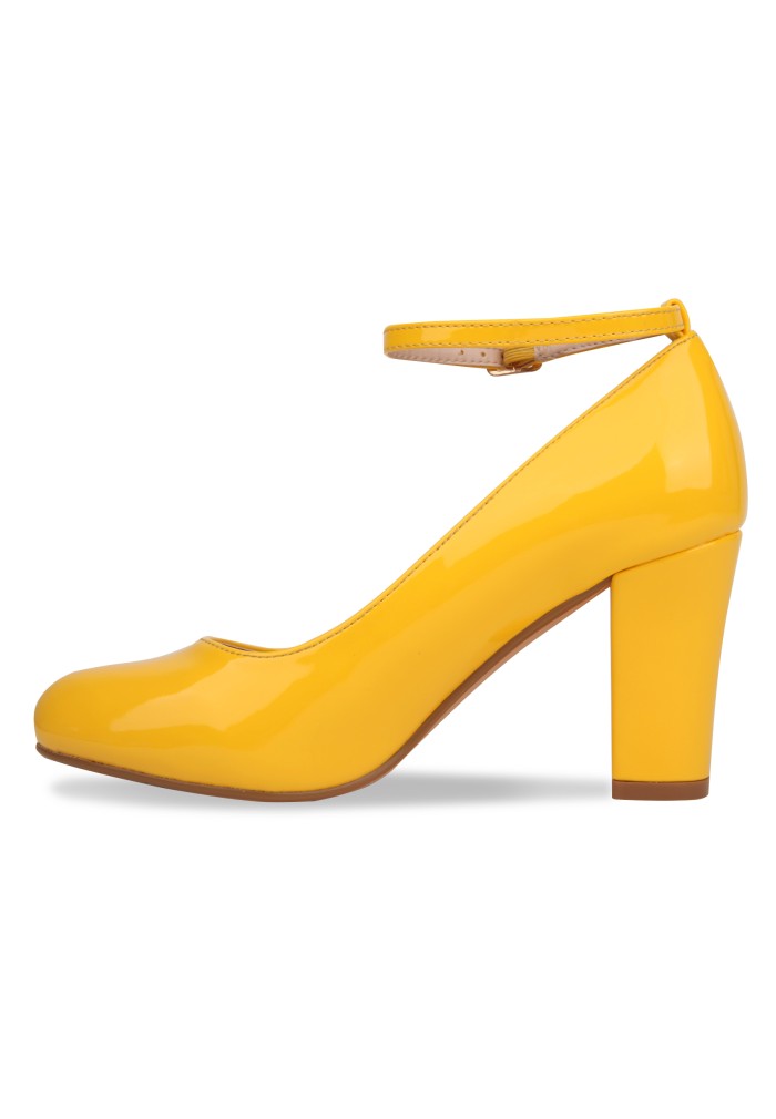 Women Block Heel Ankle Strap Shoes Yellow Patent