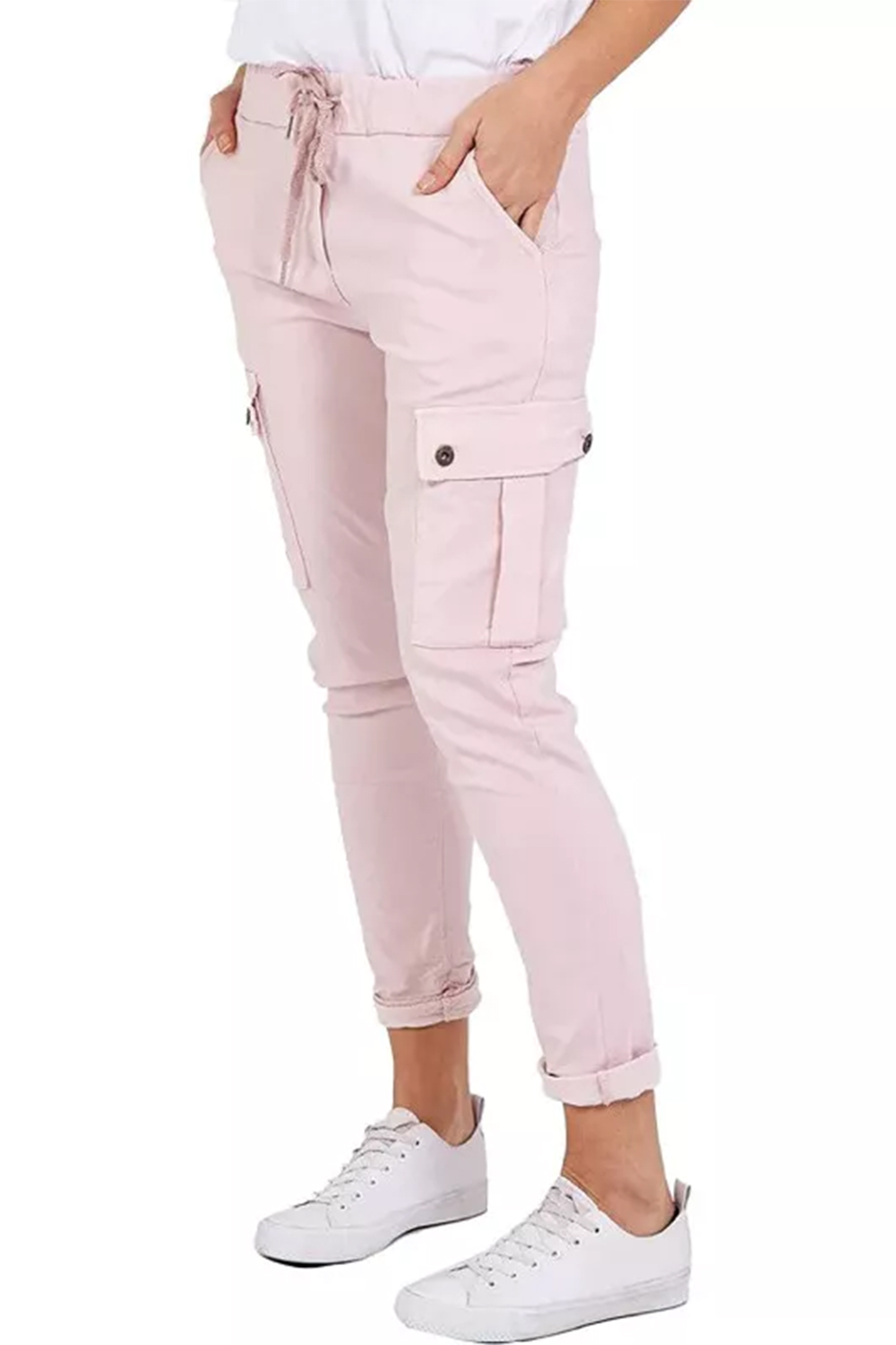 Women Blush Pink Italian Cargo Joggers with Drawstring and Turn-Up