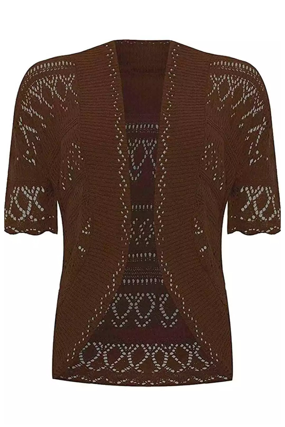 Women Brown Open Front Crochet Bolero Shrug Cardigan