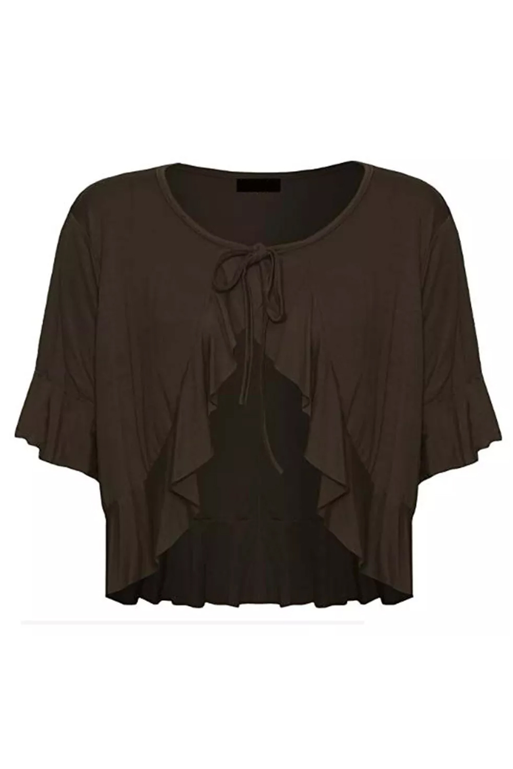 Women Brown Plus Size Frill Tie Front V-Neck Cardigan Shrug
