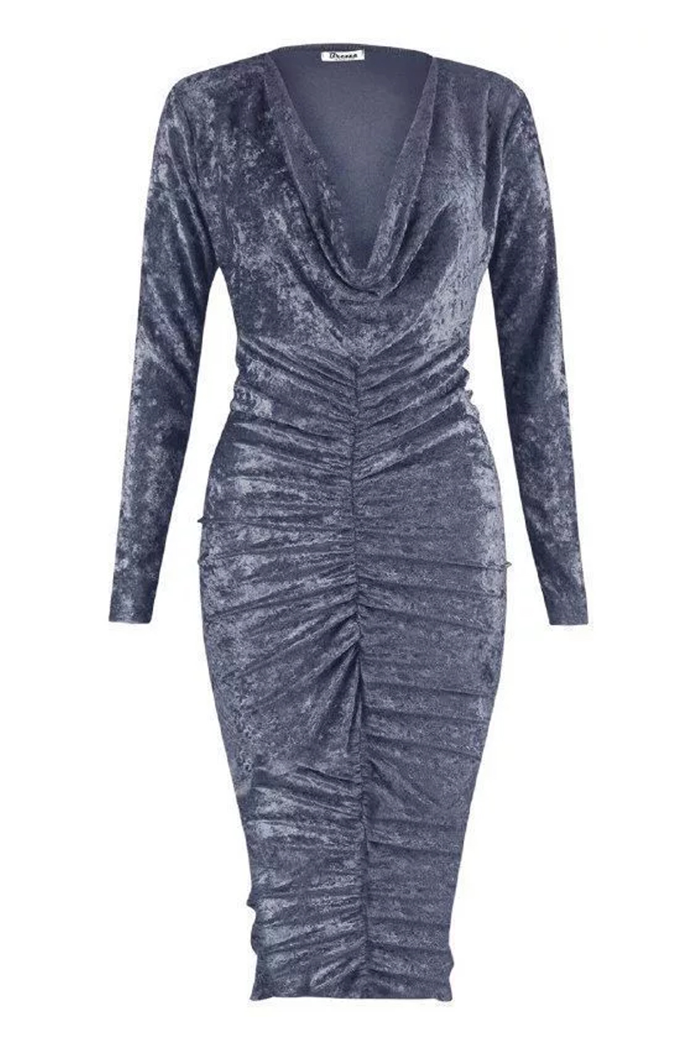 Women Charcoal Crushed Velvet Ruched Midi Dress with Long Sleeves