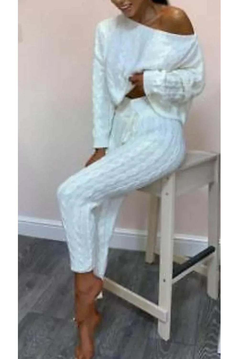 Women Cream Cable Knit Baggy Lounge Wear Tracksuit Set