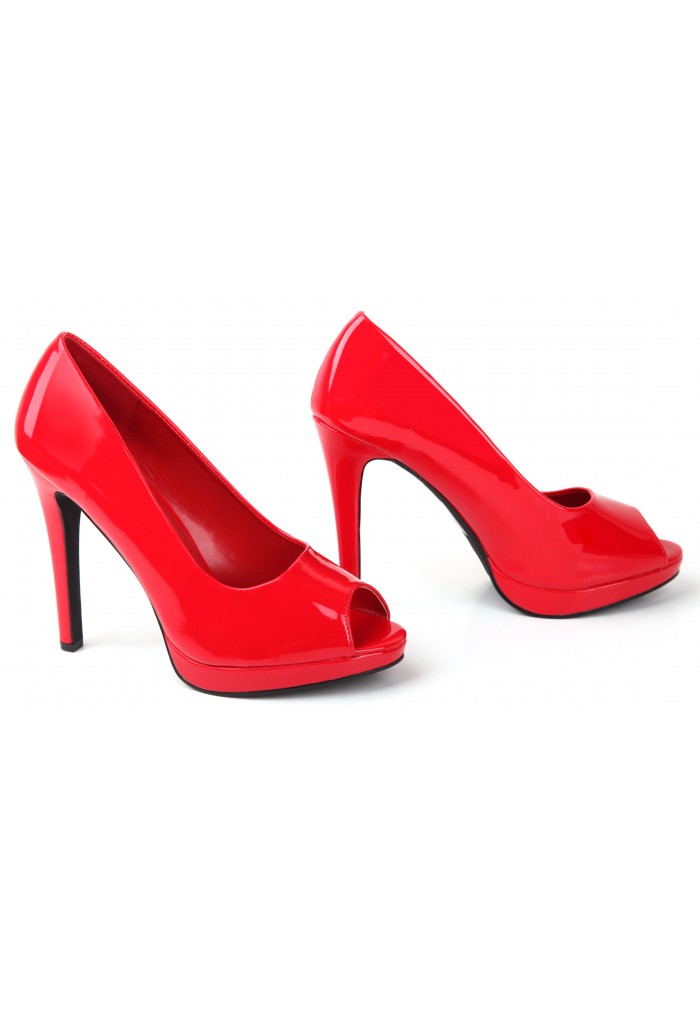 Women Drag Queen Cross Dresser HIGH Heel PEEP Toe Court Shoes- Red Patent