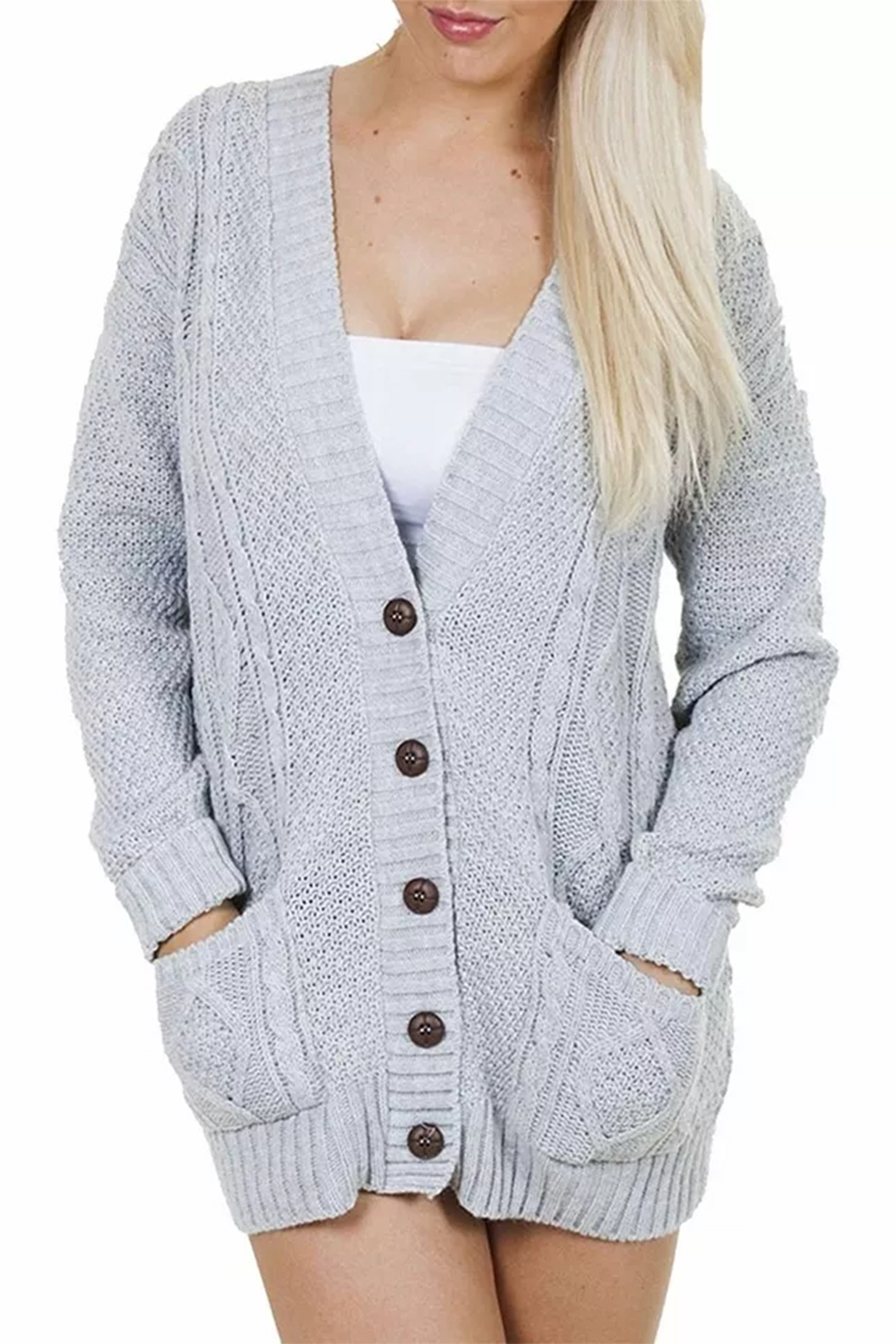 Women Grey Chunky Cable Knit Cardigan