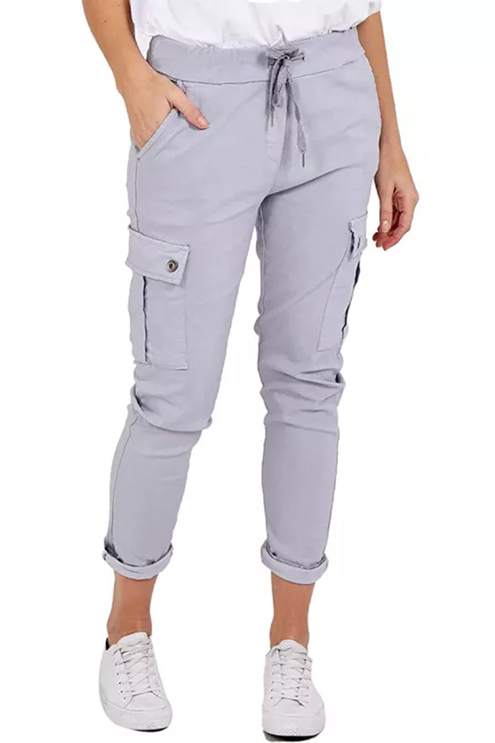 Women Grey Italian Cargo Joggers with Drawstring and Turn-Up