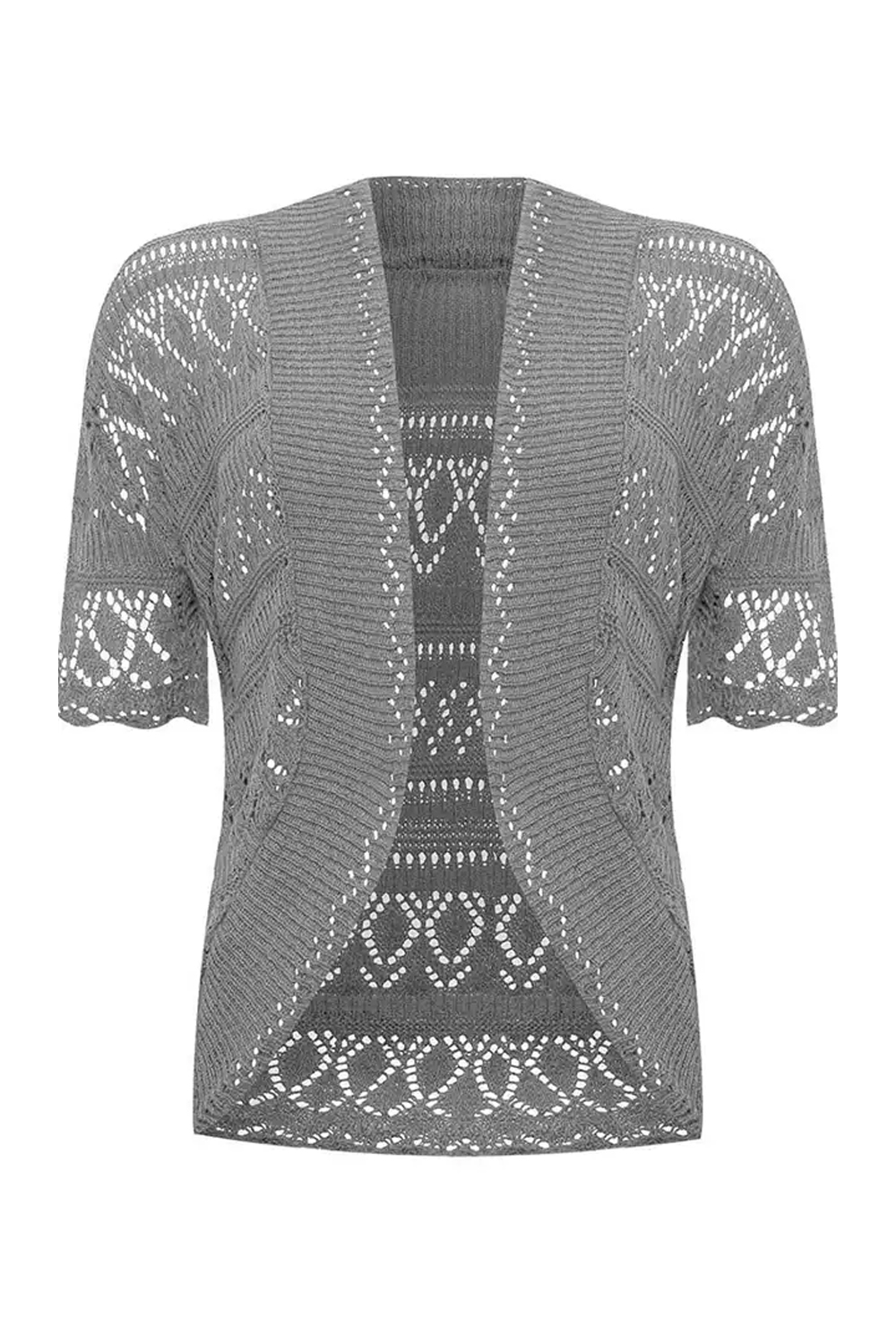 Women Grey Open Front Crochet Bolero Shrug Cardigan