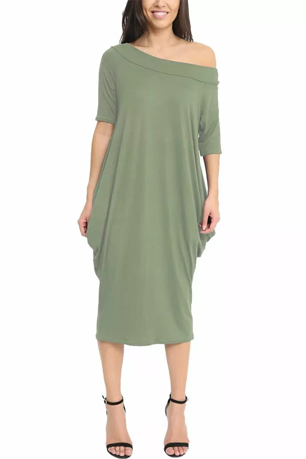 Women Khaki Off-Shoulder Oversized Parachute Dress