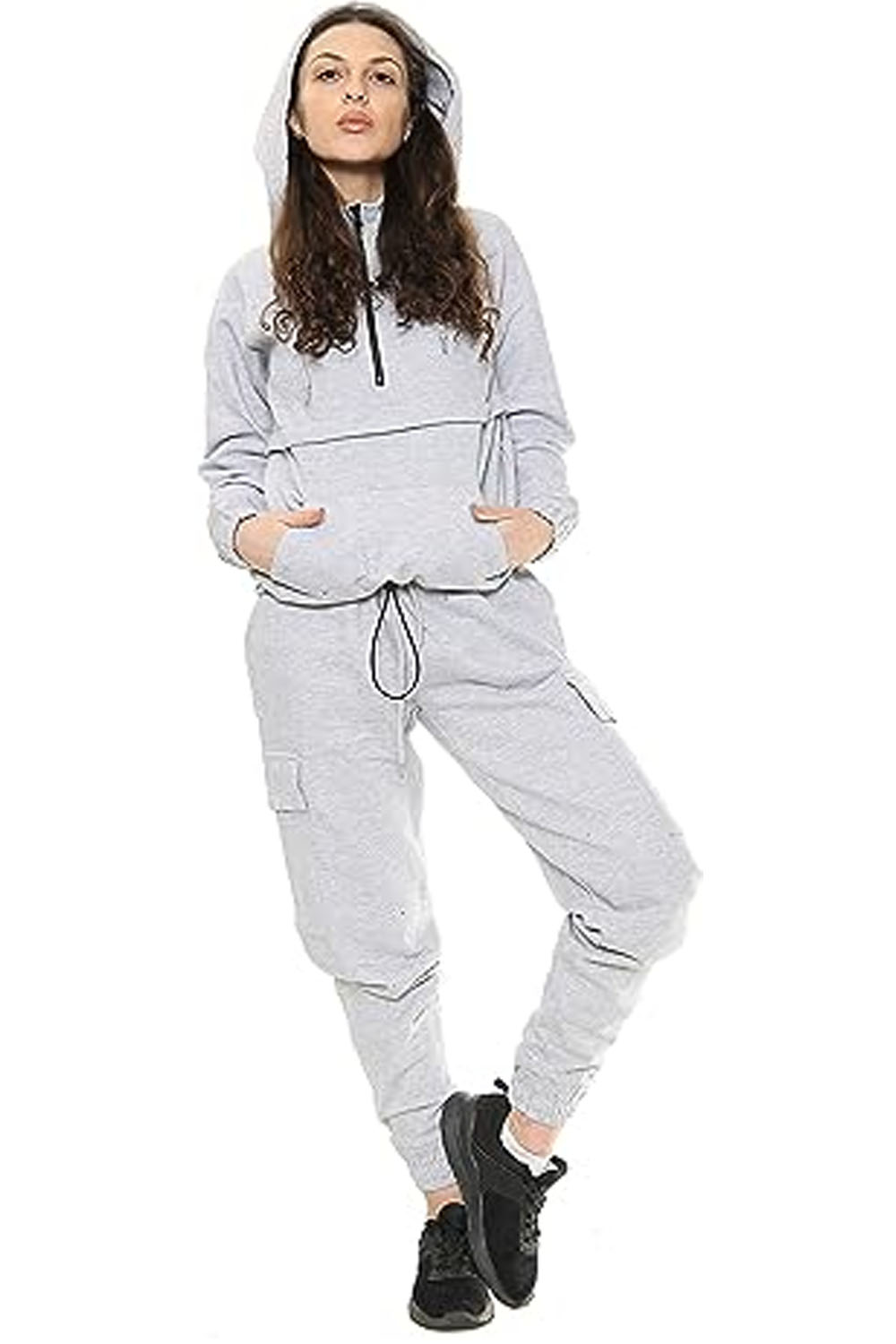 Women Lounge wear Tracksuit Half Zip Hooded Fleece top & Cargo Jogger Grey