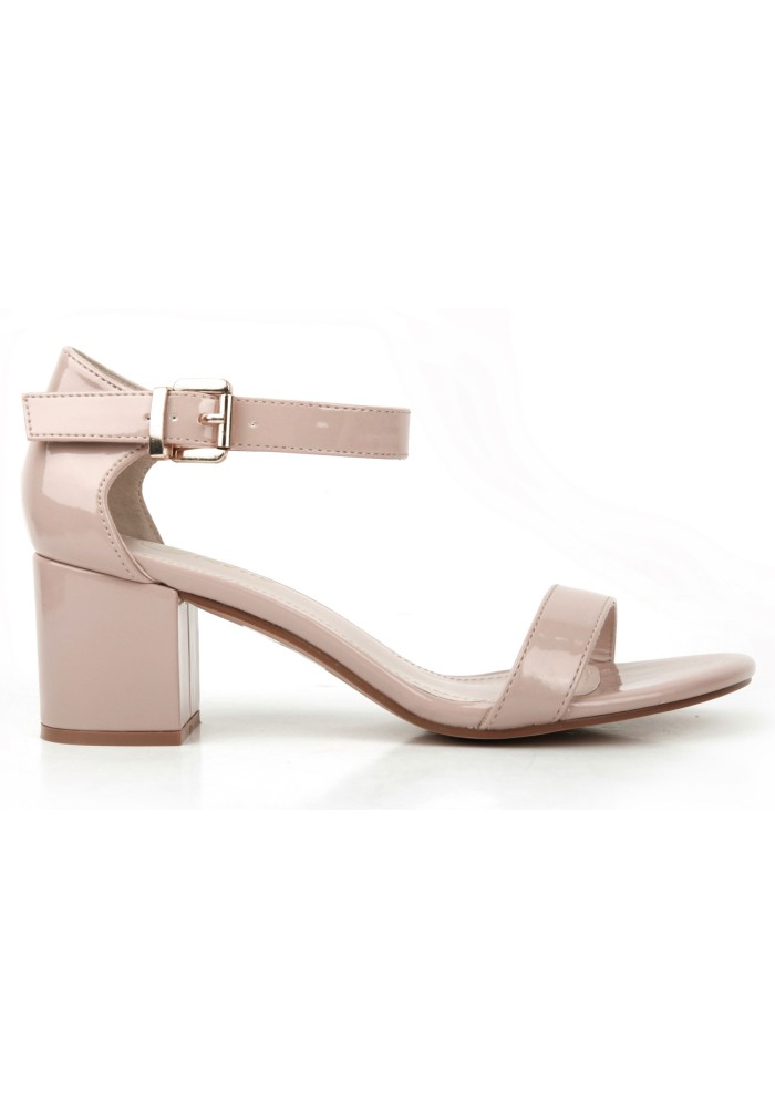 Women Low Mid Heel Block Peep Toe Ladies Ankle Strap Sandals Nude Patent
