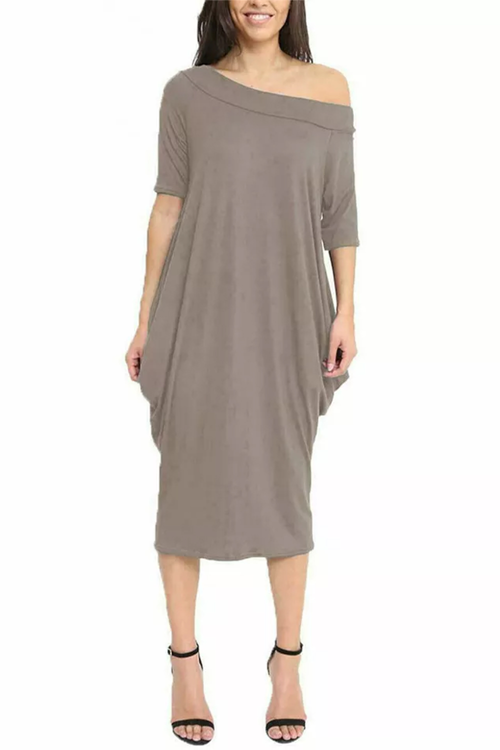 Women Mocha Off-Shoulder Oversized Parachute Dress