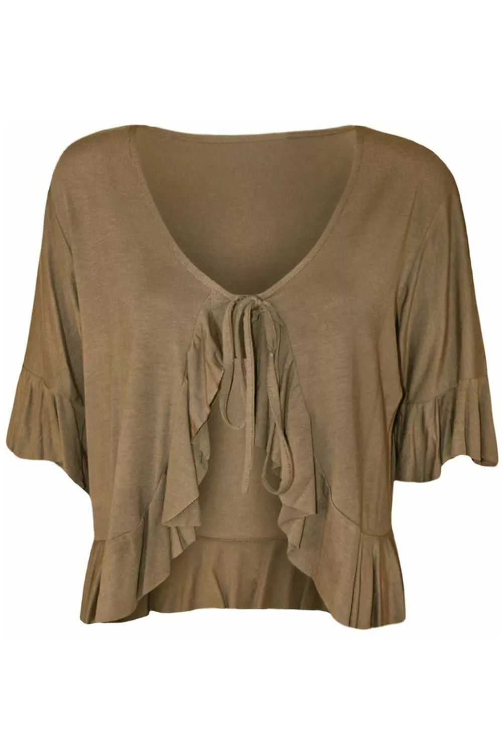 Women Mocha Plus Size Frill Tie Front V-Neck Cardigan Shrug