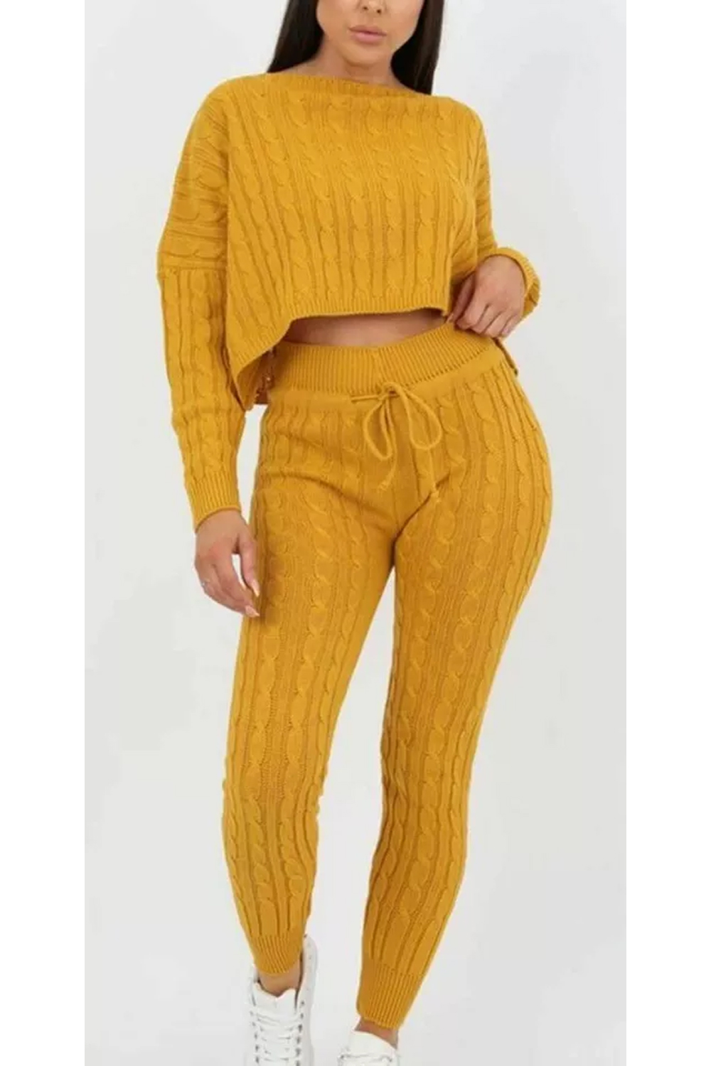 Women Mustard Cable Knit Baggy Lounge Wear Tracksuit Set