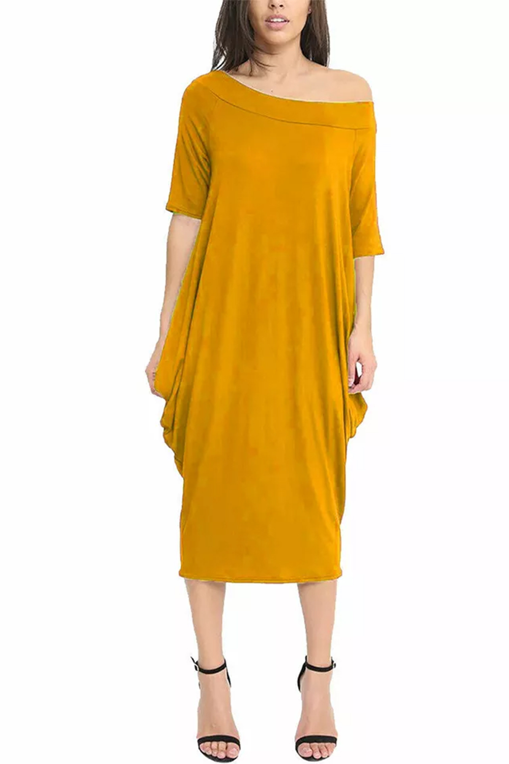 Women Mustard Off-Shoulder Oversized Parachute Dress